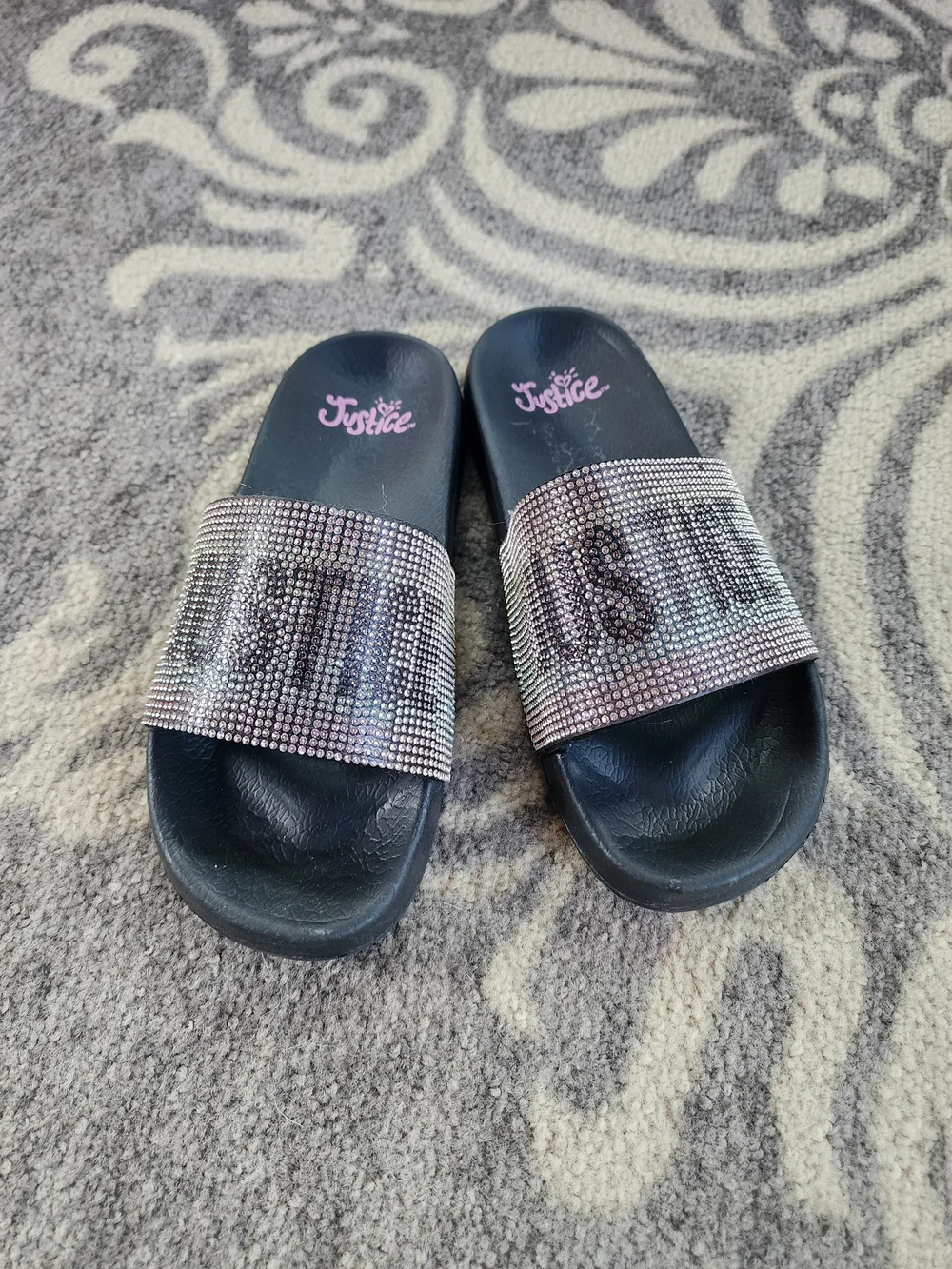 Justice Girls' Black Slide Sandals with Rhinestone Strap